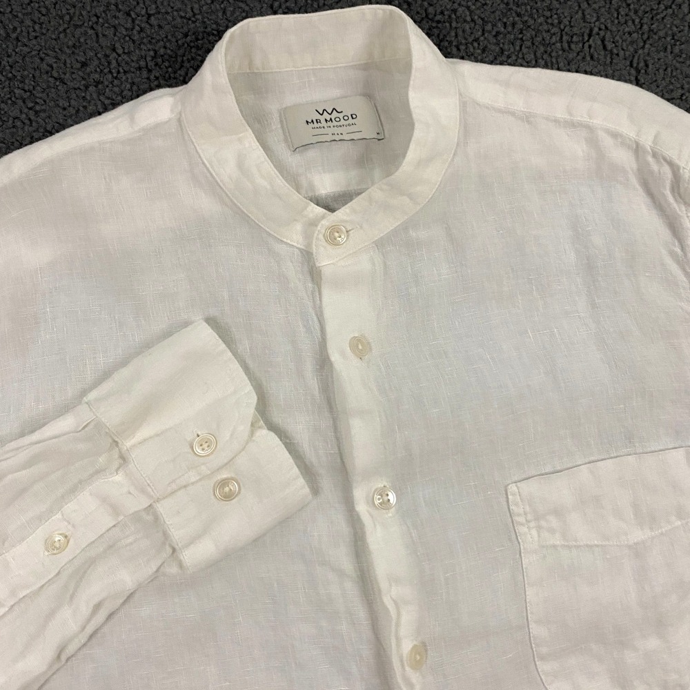 Mr Mood Linen Shirt Mens Medium Band Collar White‎ Resort Vacation Portugal